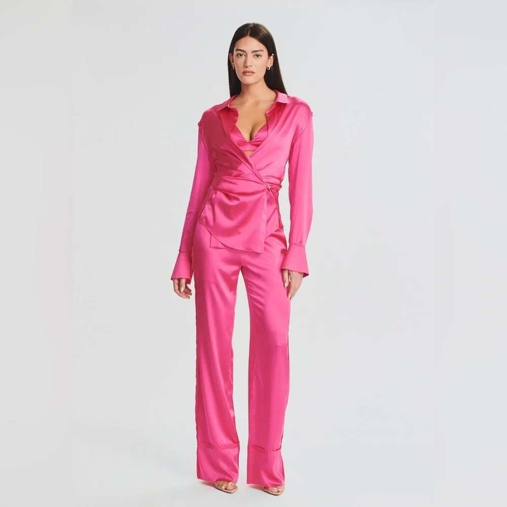 SER.O.YA Raines Silk Shirt Hazel Pants Set S Revolve Fuchsia Silk Co-Ord Outfit